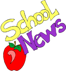 yellow and purple letters that read school news and red apple clipart