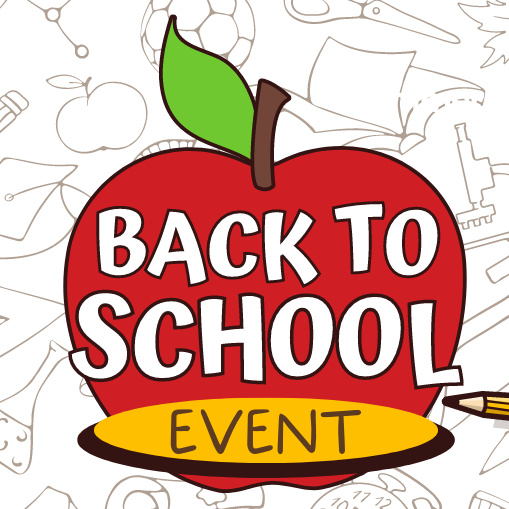 red apple with words back to school event
