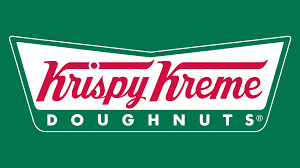 greeen background with red lettering krispy kreme and white lettering doughnuts