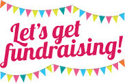 blue pink yellow party banner with words "Let's Get Fundraising"