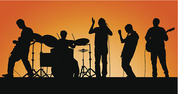 orange background with shadows of people playing various instruments