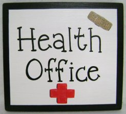 red cross and bandage sign with words health office
