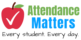 red apple with white check mark with words attendance matters; every student. every day