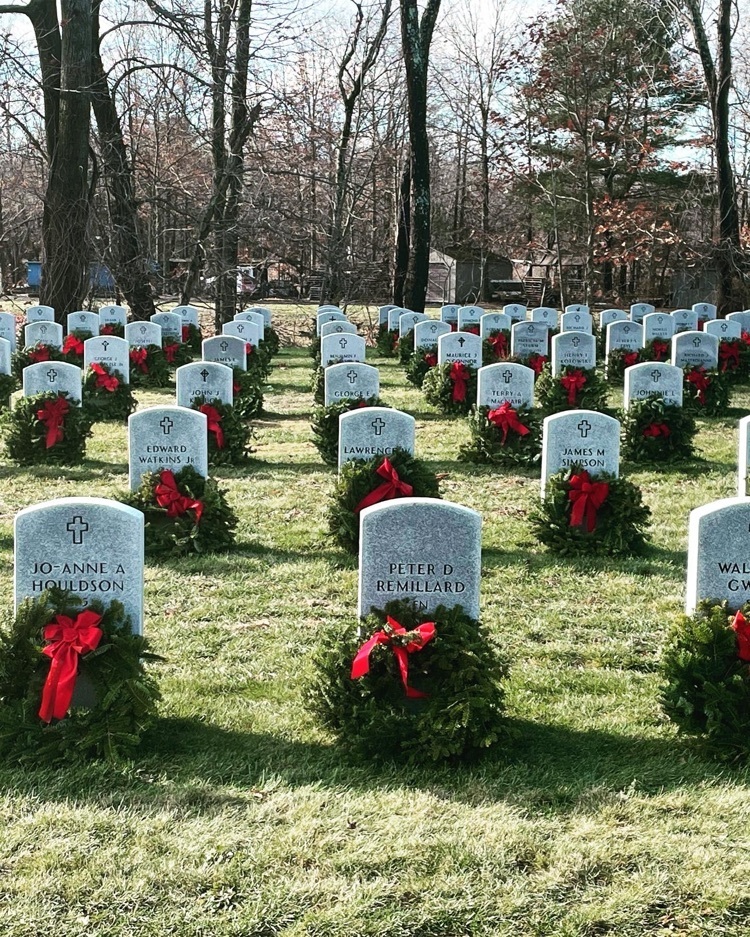 Wreaths on stones at Mass Veterans Cemetery